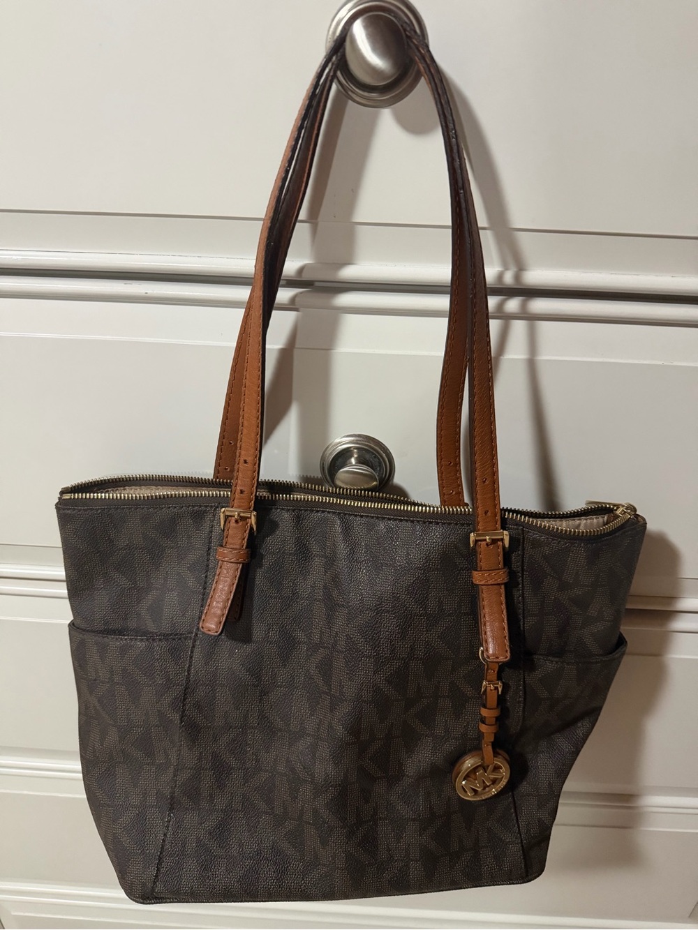 Michael Kors Dark Brown Logo Tote with Tan Straps